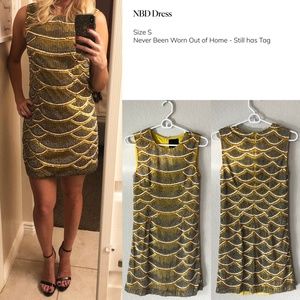 NBD Beaded Size S Mustard, Black, & White Midi Dress
